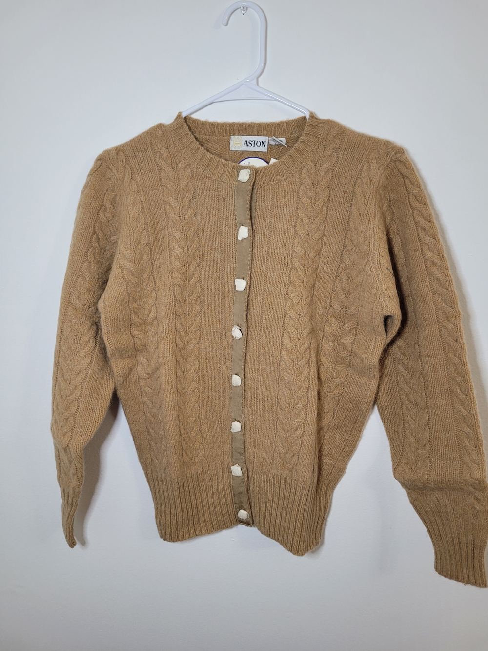 Aston Vintage 100% Wool Cable Knit Cardigan Sweater Tan Brown Size Small